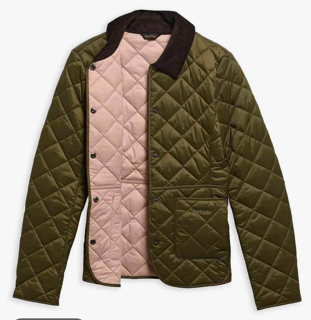 Barbour Olive Green Quilted Jacket Corduroy Collar Pink Lining Size US 8 UK 12